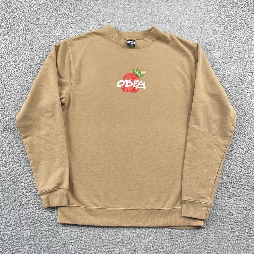 OBEY Sweatshirt Mens Medium Tan Strawberry Long Sleeve Pullover